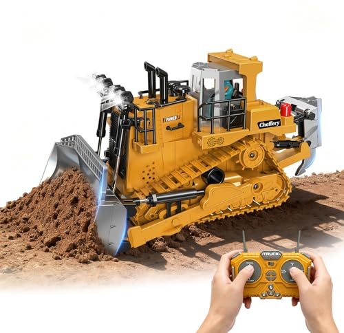 Cheffery Bulldozer Télécommandé, 1:20 RC Bulldozer à 11 canaux, Jouet de Construction RC avec Lumières et Sonores, 2.4GHz Cadeau de Jouet Bulldozers pour Les Enfants Garçons Filles âgés de 4 à 12 Ans