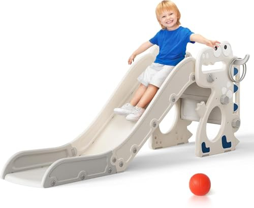 Tobogán para niños, grande con canasta de baloncesto, estructura de escalada para jardín, telescopio, espacio para 1-3 años, extra largo 1700 mm (beige)