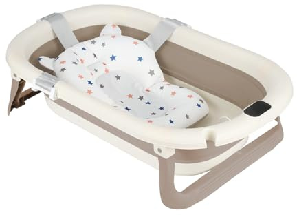 Faltbare Baby Badewanne mit Rutschfestem Kissen – Babywanne Ergonomisch, Tragbare Badewanne für Neugeborene 0-36 Monate, Kompakt & Sicher(Khaki)
