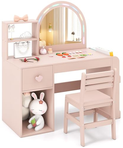 COSTWAY 2 i 1 sminkbord för barn med belysning, sminkbord för barn med färgglad spegel, bokhylla och låda, toalettbord av trä, kosmetiskt bordsset för flickor från 3 år (rosa)
