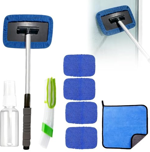 YANKOIUK 8 PCS Car Windscreen Cleaner, Car Window Cleaner Tool Kit | Windshield Cleaner Tool with Extendable Long Handle, 4 Reusable Microfiber Pads, Windscreen Cleaning Tool Set for Car