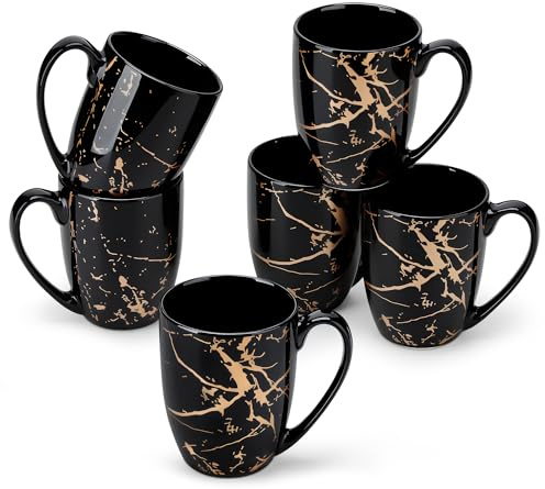 LOVECASA Daphne Tazas de Café de Porcelana 330 ml – Juego de 6 Mugs con asa para Espresso, Cappuccino, Latte y Té – Aptas para Lavavajillas y Microondas – Diseño Negro y Dorado Elegante