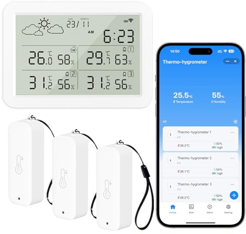 WIOONI Estación Meteorológica WiFi Interior Exterior con 3 Termohigrómetros Inalámbricos, Datos de Fecha y Pronóstico del Tiempo, Compatible con Tuya/Smart Life APP para Casa, Bodega, Invernadero