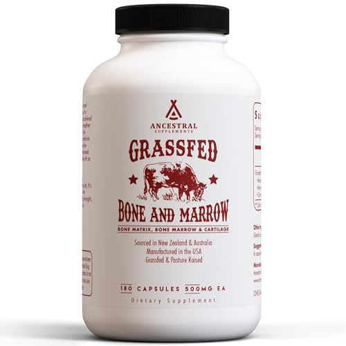 Ancestral Supplements Grass Fed Beef Bone and Marrow Supplement, Bone, Skin, Oral Health, and Joint Care Supplements Promote Whole-Body Wellness, Non-GMO Whole Bone Extract, 180 Capsules