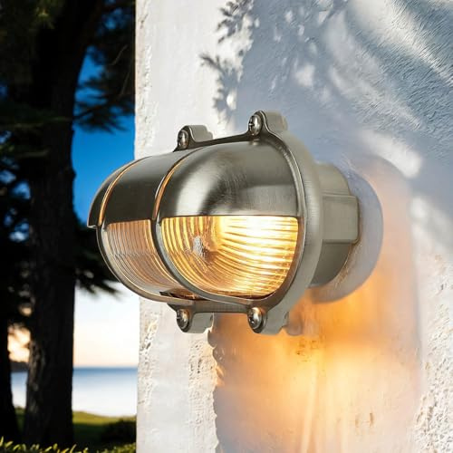 Licht-Erlebnisse Maritime Messinglampe in Nickel rostfrei IP64 Riffelglas Außenleuchte Wandlampe Haus Terrasse