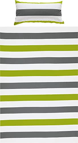 REDBEST Renforcé Bettwäsche-Set grün-grau-weiß Größe 40x80 cm / 135x200 cm - mit Reißverschluss - atmungsaktiv, strapazierstark - weitere Farben