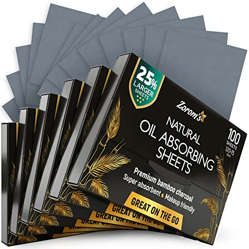 Natural Oil Blotting Sheets for Face with Bamboo Charcoal - 25% Larger - 6pk/600 Makeup Friendly Oil Absorbing Sheets for Face - Easy Dispensing Blotting Papers - Perfect for Keeping in Purse