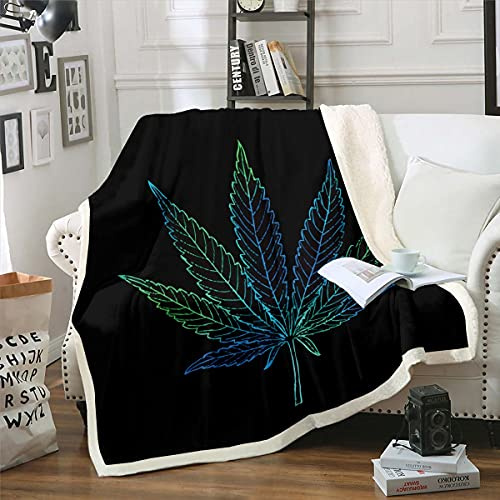Loussiesd Leaf Sherpa Blanket for Girls Boys Teens Marijuana Weed Leaf Fleece Throw Blanket Chic Bright Cannabis Leaves Plush Blanket Vibrant Botanical Fuzzy Blanket for Sofa Bed,Double 60x79 Inch