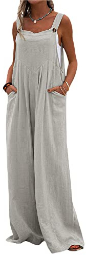 YILEEGOO Cotton Linen Dungarees for Women, Ladies Casual Overalls Baggy Wide Leg Pants Jumpsuit Playsuit (A-Grey, Large)