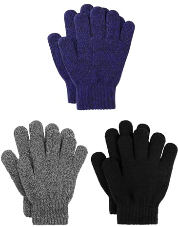 Cooraby 3 Paires de Gants d'Hiver en Cachemire Épais pour Enfants - Tricotés Chauds, Protection Contre le Froid - Noir, Gris Foncé, Gris Clair, Bleu Marine - 6-12 Ans