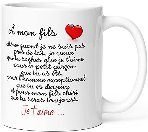 Luigi Collection Mug Mon Fils je t’Aime Humour Tasse Message drôle Amour Idée Cadeau Original d'Homme Garçon Enfant Famille pour Anniversaire St Valentin Noël Fête Déclaration Mère Père. Céramique