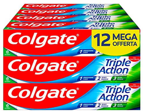 Colgate - Dentifricio Triple Action 12x75ml (Consegna in 48 Ore), Dentifricio Protezione contro la Carie, Denti Bianchi, Alito Fresco, Protezione Smalto, Formula Sbiancante e Rinfrescante