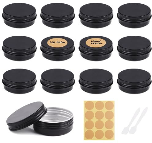 Aluminium Leer Döschen, 30ml Cremedose Leer, 12 Stück Cremedose Tiegel mit 2 Spatel und Aufkleber, Rund Creme Dosen zum Befüllen für Creme Lotion Kosmetik Nagelkunst Basteln Schmuck（Schwarz)