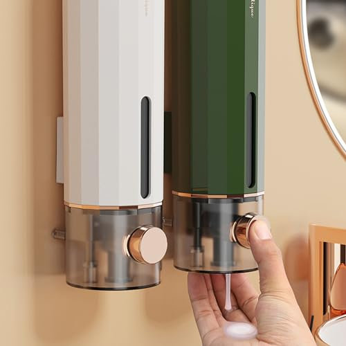 Seifenspender Wandbefestigung, 2 Stück 450ML Seifenspender Wand Ohne Bohren, Seifenspender Manueller Spender, Soap Dispenser, Desinfektionsspender für Duschgel, Shampoo, Handseifen(Weiß&Grün)
