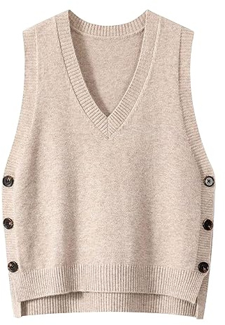 QWUVEDS Gilet/maglia in maglia per donne, senza maniche, stile retrò, con scollo a V, casual, perfetto per primavera e autunno, tinta unita, beige, beige, Taglia unica