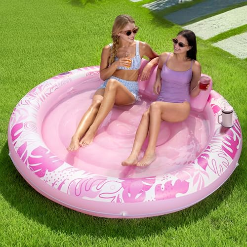 SLOOSH Inflatable Tanning Pool Lounger Float, 72 x 56 Pool Floats Adult with Pillow, 4 in 1 Round Suntan Tub Raft Floatie,Sunbathing Bed Lounge for Water Blow Up Ball Pit Party Gifts, Pink