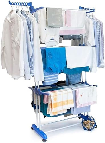 cecarogroup Stendino Stendibiancheria a Torre in Acciaio e ABS di Grande Capacità Modulabile Pieghevole Salvaspazio Richiudibile Stendino Biancheria Antiurto (Blu e bianco)