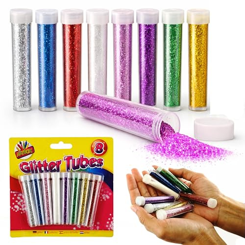 8pk Kids Glitter Tubes in Assorted Vibrant Colours - Fine Glitter for Arts and Crafts, Card Making, Nail Art, and Decorations - Easy Pour Shaker Pots for Kids and Adults