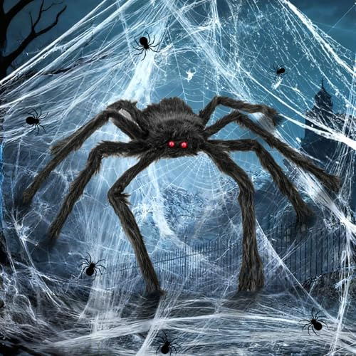 Araña decorativa de Halloween, grande, 60 cm, araña de Halloween, decoración gigante, decoración de araña de Halloween, color negro, suave, peluda, telaraña, decoración de Halloween, fiesta de terror