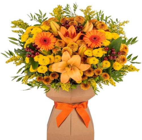 Autumn Harvest Fresh Flower Bouquet Delivered in Presentation Vase | Lily, Solidago, Germini & Seasonal Greenery | Natural Card Vase and Orange Satin Ribbon | AMFL011