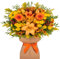 Autumn Harvest Fresh Flower Bouquet Delivered in Presentation Vase | Lily, Solidago, Germini & Seasonal Greenery | Natural Card Vase and Orange Satin Ribbon | AMFL011