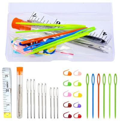 MYGLOAR Paquete de 26 agujas de coser, agujas de bordar, agujas de coser de lana, 4 tamaños, juego de agujas de ojo grande, agujas de zurcir de lana, agujas de coser a mano, tejer, bordar, coser