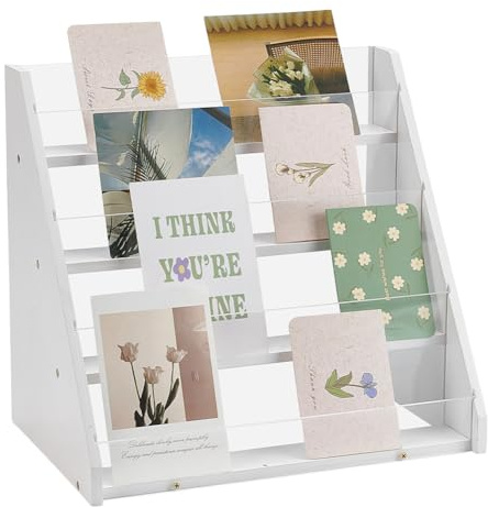 UNICRAFTALE 4 Stöckiger Präsentationsständer Für Grußkarten Vitrine Bambus Acryl Tragbarer Präsentationsständer Für Aufkleber Postkartenständer Weiße Theke Verkaufspräsentationsständer Für Tischplatte