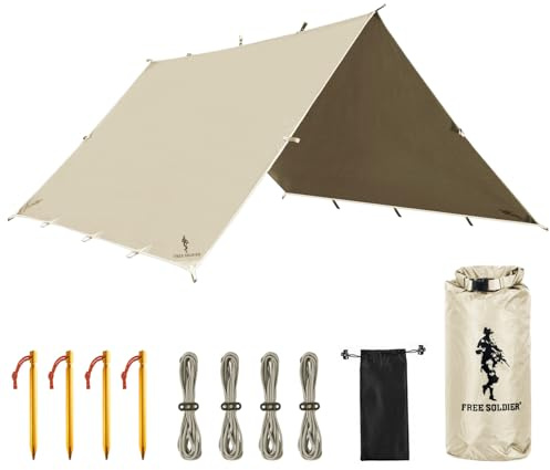 Gratis soldat tarp vattentät 3 x 3 m ultralätt tältpresenning, UV-skydd, camping, solsegel, tält, utomhus, stor karp för camping, vandring, utomhusaktiviteter (beige)