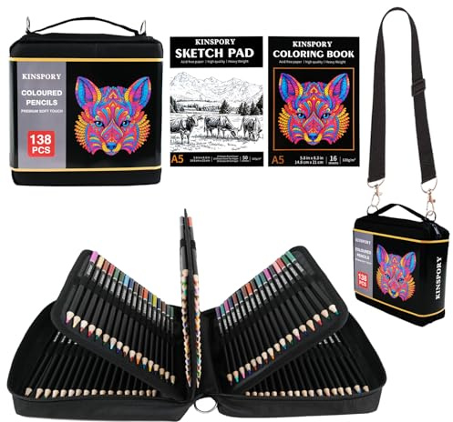 KINSPORY 138 Matite Colorate con Mine Morbide da 3,0 mm, Taccuino da Schizzi da 50 Fogli 3 Colori, Kit per Disegno con Cintura Regolabile - Regalo per Adulti Artisti Principianti Ragazze Ragazzi