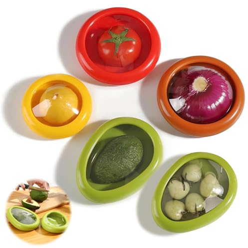 5 Pezzi Contenitori per Frutta in Silicone, Contenitori per Alimenti, Contenitori Frigorifero Verdi, Cipolla, Pomodoro, Limone, Frutta