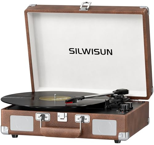 Vinyl Record Player with Speakers Vintage Bluetooth Turntable, Battery Powered Portable Vinyl Player, Retro Suitcase Phonograph, 3-Speed Lp Player RCA Out AUX in Headphone Jack (Brown)
