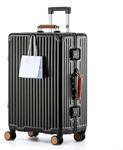 Aoliwei Aluminium-Rahmen Koffer groß XL (75cm) – Premium Hartschalen-Trolley für 11-14 Tage Reisen, mit braunem Echtleder-Griff, TSA-Schloss & & 360° Silent-Doppelrollen, Schwarz