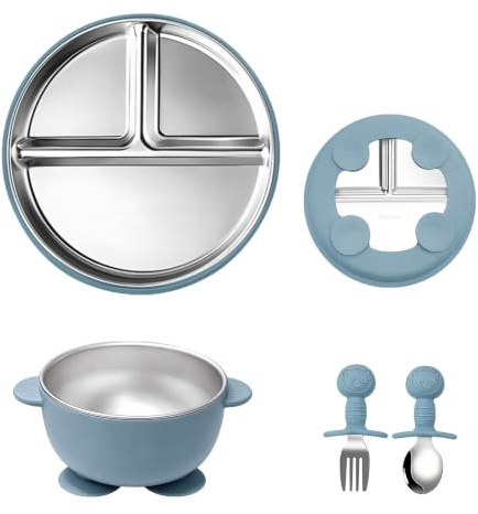 Oskuglin Vajilla Bebé 4 Piezas de Acero Inoxidable - Plato Ventosa Compartimentado, Bol Antideslizante con Asas, Cubiertos de Silicona Cuchara y Tenedor, Set de Alimentación Complementaria