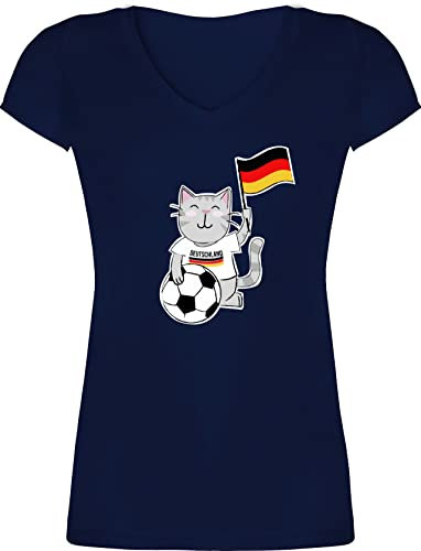 T-Shirt Damen V Ausschnitt - EM WM - Fußball Katze Deutschland - S - Dunkelblau - Deutschland-Fanartikel fußball-Fanartikel Europameisterschaft Katzen Tshirt Fan Shirt fußballtrikot Fussball
