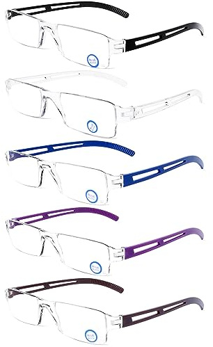 DOOViC 5-Pack Anti Blue Light Filter Reading Glasses for Computer Blue Ray Blocking Anti Eye Fatigue with One-Piece Rectangular Rimless Frame Design UV Protection Readers for Men/Women +2.5