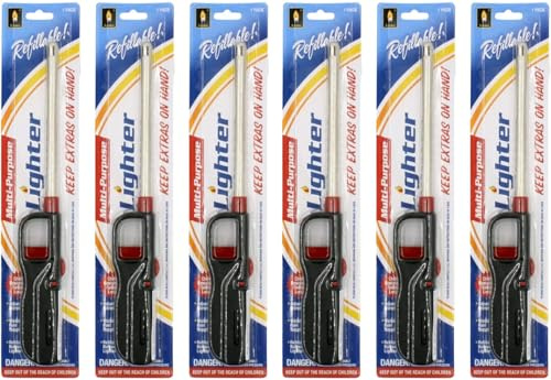6 Pack - Vezee Fuel Included Handi BBQ Grill Click Flame Long Stem Lighter - Refillable Butane Gas Candle Fireplace Kitchen Stove Wind Resistant, Red