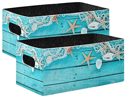 Kcldeci Set di 2 cestini pieghevoli in legno turchese con conchiglie marine e stelle marine, in tessuto, pieghevole, per casa, ufficio, armadio