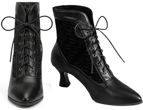COOLCEPT Femmes Vintage Victorian Bottes Lacets Cheville Bottes Almond Toe Black Taille 39