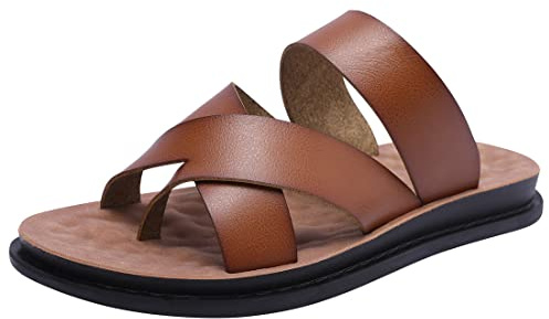 Harssidanzar Herren Leder Zehentrenner,Slip On Cross Straps Slide Sandalen Toe Ring Stil für Mann KM221EU,Khaki, Größe 43