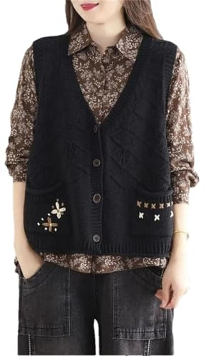 Gilet da donna in maglia cardigan senza maniche, top retrò fatto a mano in maglia, maglione alla moda, abbigliamento nero