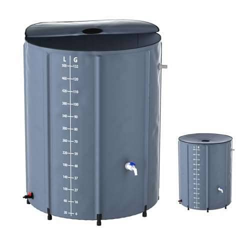 Aufun Barile per acqua piovana pieghevole, serbatoio per acqua piovana da 500 litri, con valvola di scarico e scala di volume, facile da riporre, resistente alla ruggine e alle intemperie (grigio)
