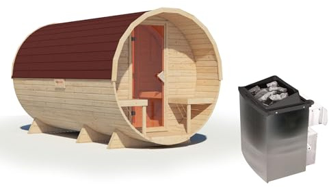 Chillroi Karibu Fasssauna Set naturbelassen mit Ofen 9 kW integr. Strg., Kabel, Schindeln in versch. Längen (Länge 389 cm)