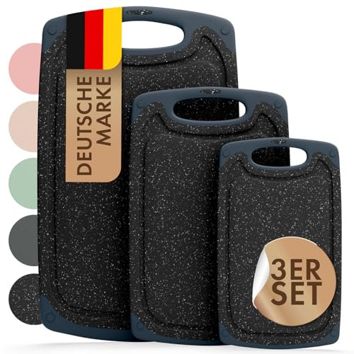 Blumtal Schneidebrett Set mit 3 Größen (S/M/L) - Schneidebrett Kunststoff groß + Saftrillen & Griff - Cutting Board - Schneidbrett BPA frei langlebiges Küchenbrett Schwarz