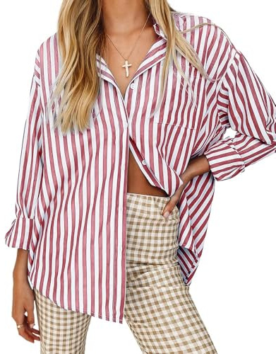 Cicy Bell Chemisiers rayés à manches longues et col en V pour femme avec rayures boutonnées, couleur unie, décontracté
