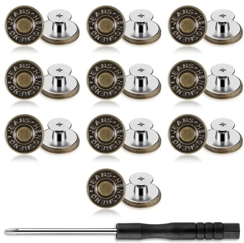 Yuanchu 20 Stück Hosen Ersatz Knöpfe zum Schrauben, Jeans Knöpfe 17 mm Verstellbare Jeansknöpfe Nähfreiknopf Bronze-Farben Schraubbare Ersatzknopf Messing Metallknöpfe Hosenknöpfe Mit Schraubendreher
