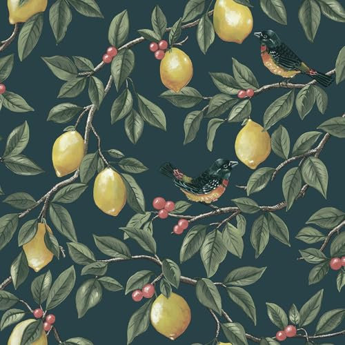Lemon Fruit and Leaf Trail Botanical Birds Berries Themed Wallpaper for Bedrooms, Living Rooms, Dining Rooms in a Deep Teal Colour Holden 13871