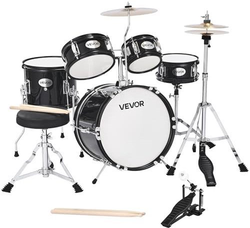 VEVOR Batterie Enfant, 5 PCS, Batterie Débutants, Grosse Caisse 35,56 cm avec Tom-tom, Caisse Claire 20,32 cm Tom Basse 25,4 cm, Siège, Baguettes, Kit Apprentissage Musical pour Enfants 6-13 ans, Noir