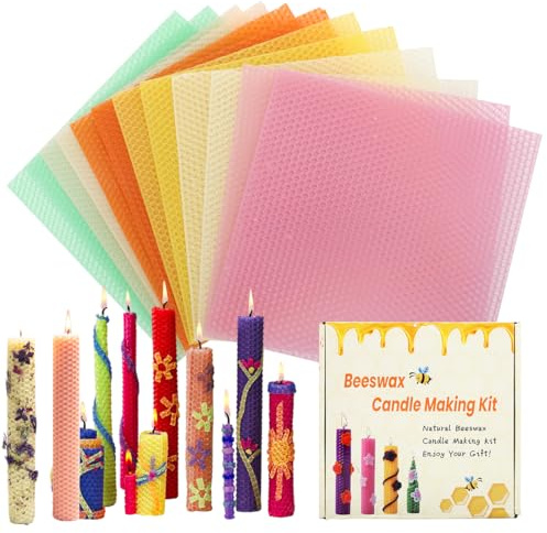 Yuragim Set di 12 candele di cera d'api fai da te, piastre di cera d'api per candele, kit fai da te per adulti e bambini, regali artigianali per compleanno Natale