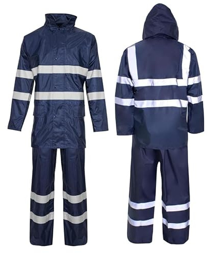 Hi Vis Waterproof Rainsuit 2 Piece Jacket & Trousers Set – High Visibility Workwear Safety Rain Suit Overalls Protective Clothing Outdoor Work Unisex Lightweight Synthetic Waterproof Navy L