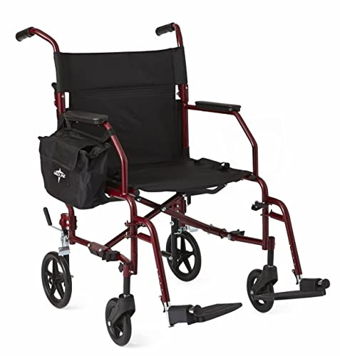 Medline Lightweight Steel Transport Chair, Folding Chair is Portable, Large 8in Back Wheels, 19in Wide Seat, Red
